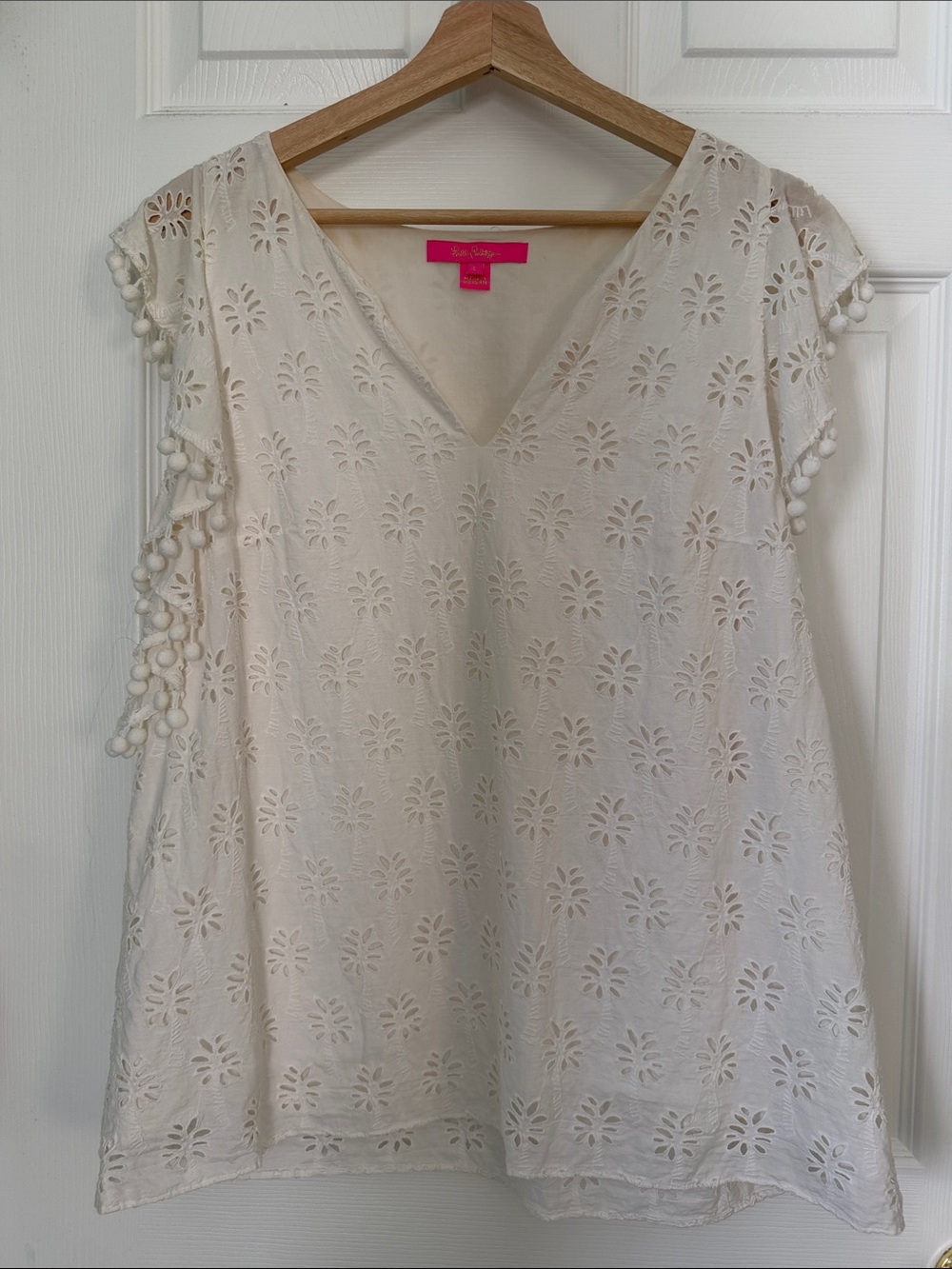 Lilly Pulitzer Eyelet V-Neck Blouse with Pom Trim